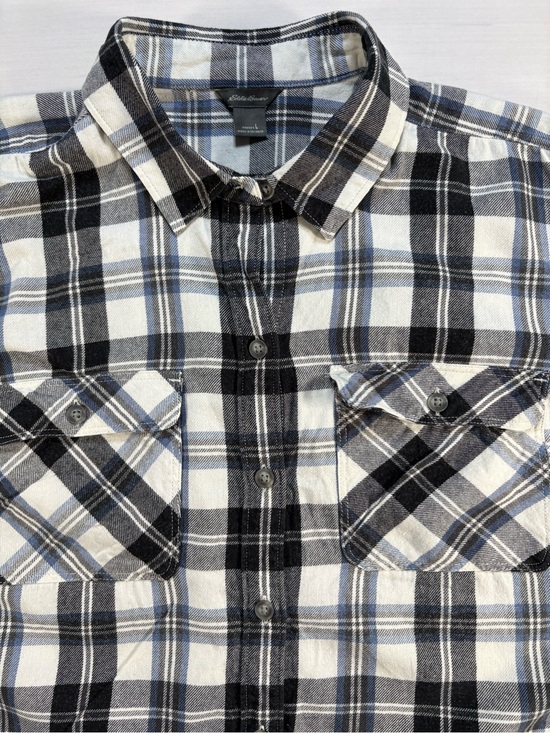Eddie Bauer Tops - Eddie Bauer Womens Large Plaid Flannel Shirt Blue Black White Button Up L